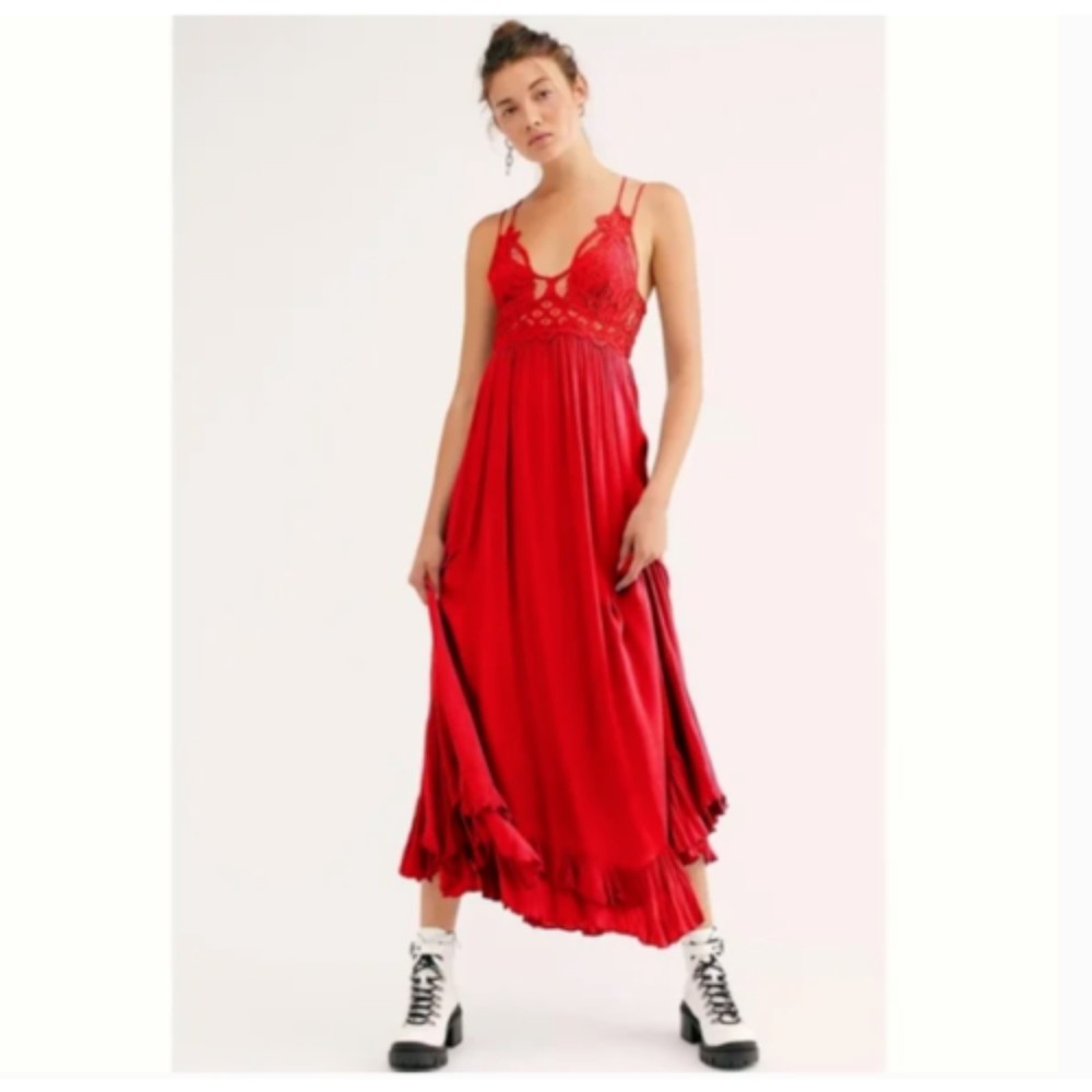 Free People NWT Adella Maxi Slip Dress Sleeveless Boho Crochet Lace Red XS New